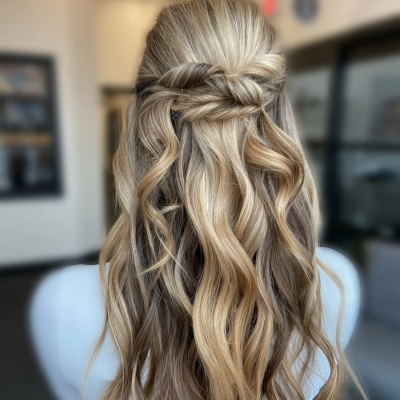 Half-up twisted crown braid with beachy waves, featuring dimensional blonde balayage and romantic loose styling